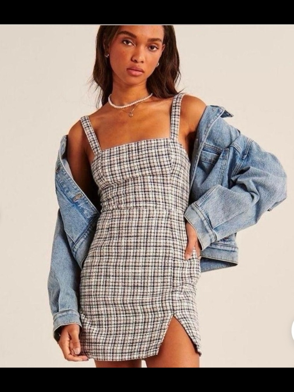 Abercrombie & Fitch Plaid Square Neck Mini Dress Cream Black Fitted Y2K Preppy